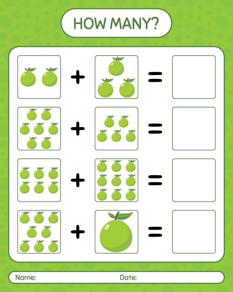 quantos jogo de contagem com goiaba. planilha para crianças pré-escolares, folha de atividades para crianças, planilha para impressão vetor