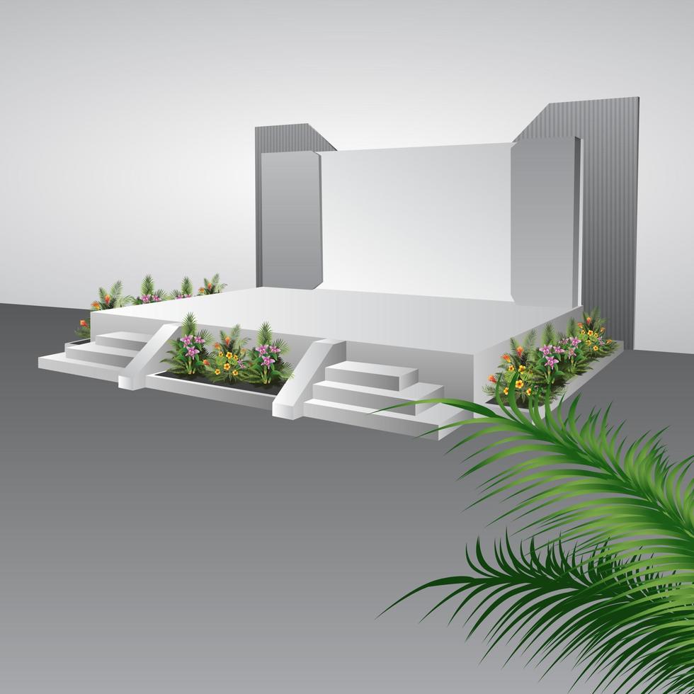 palco em branco simples com pano de fundo e plantas vetor