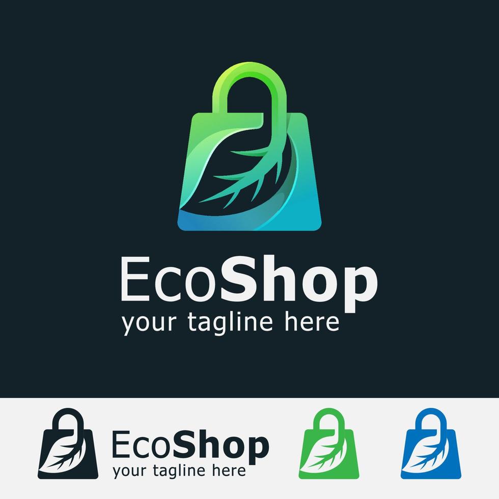 elementos de logotipo de vetor de sacola de compras de folha, eco, loja de bio ou design de logotipo de natureza de loja