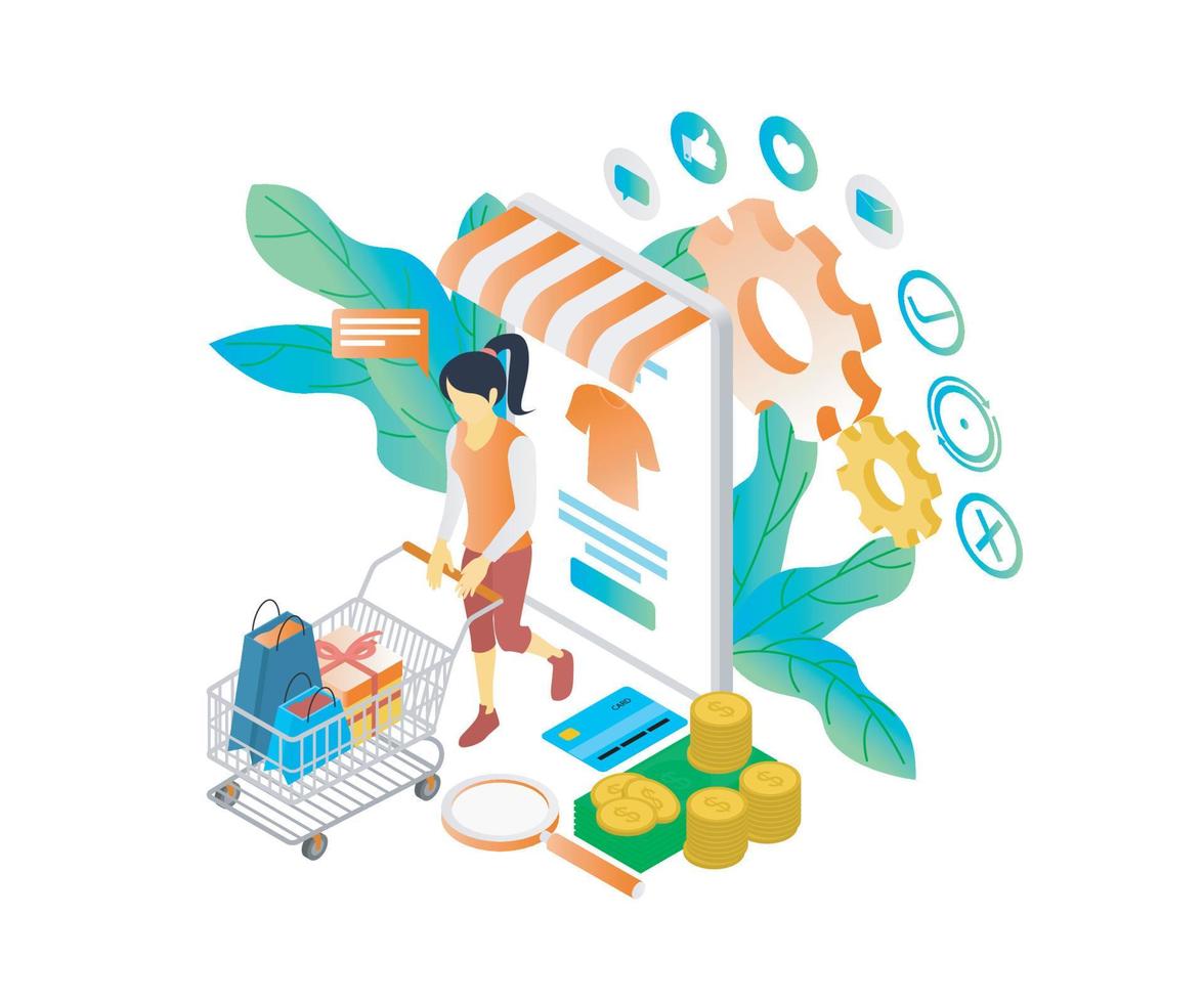 ilustração de estilo isométrico sobre uma mulher fazendo compras em uma loja online em seu smartphone vetor