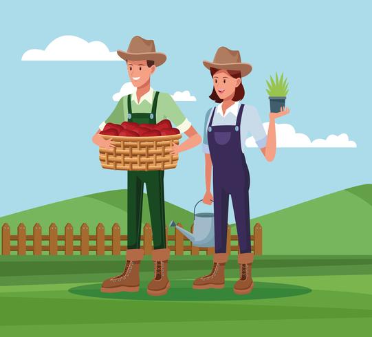 Agricultores que trabalham em desenhos animados agrícolas vetor