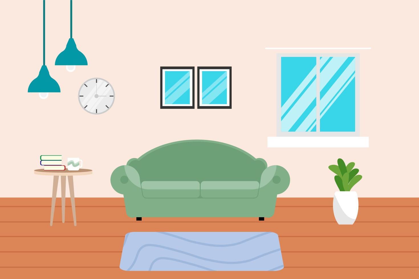 interiores de casas modernas. interiores da sala de estar. sofá confortável, tv, janela, cadeiras e plantas da casa. ilustração vetorial de dados. estética interna. vetor