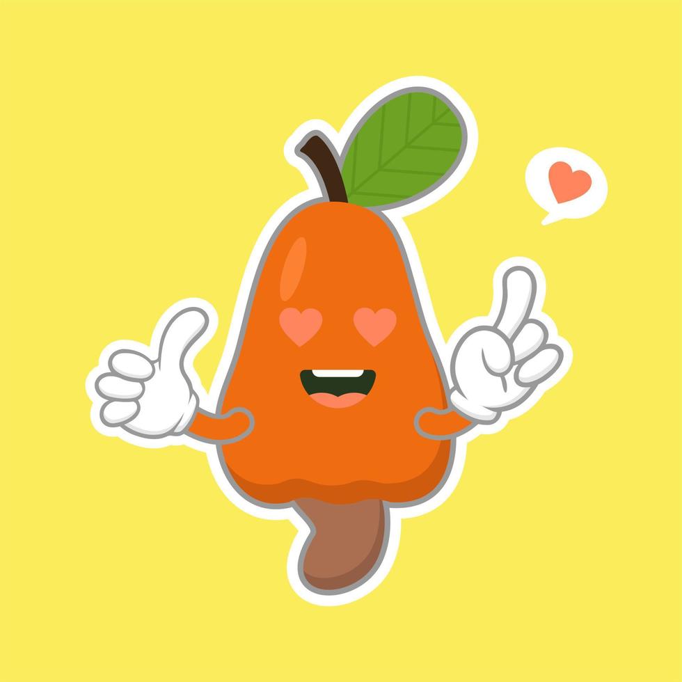 personagem de caju bonito e kawaii. castanha de caju e frutas com xilogravura de folha vetor