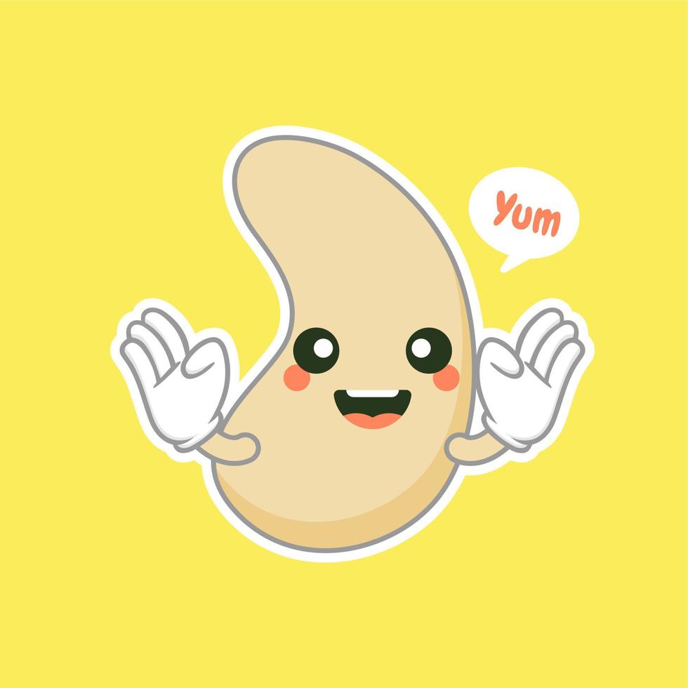 personagem de desenho animado plano de porca de forma de rim de caju bonito e kawaii. feijão vetorial com cabeça e olhos, herói de superalimento em quadrinhos. comida vegetariana, vegetal saudável vetor