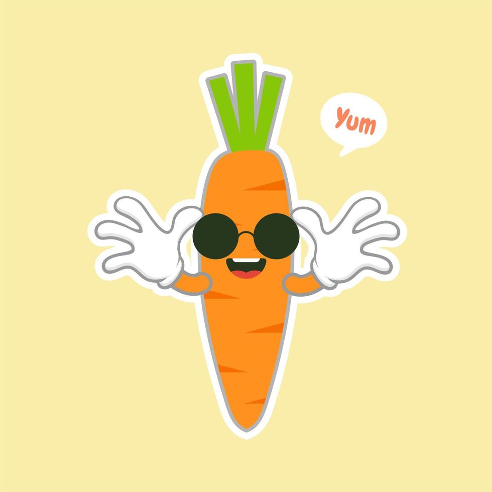 personagem de cenoura fofa e kawaii. adesivo de balão. vegetal legal. ilustração vetorial. personagem de nerd inteligente de cenoura em um fundo azul. conceito de comida saudável. cartaz de dieta vegana inteligente vetor