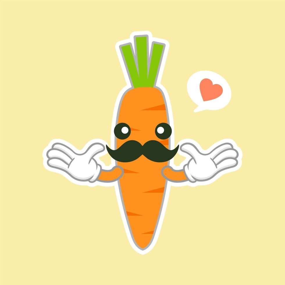 personagem de cenoura fofa e kawaii. adesivo de balão. vegetal legal. ilustração vetorial. personagem de nerd inteligente de cenoura em um fundo azul. conceito de comida saudável. cartaz de dieta vegana inteligente vetor