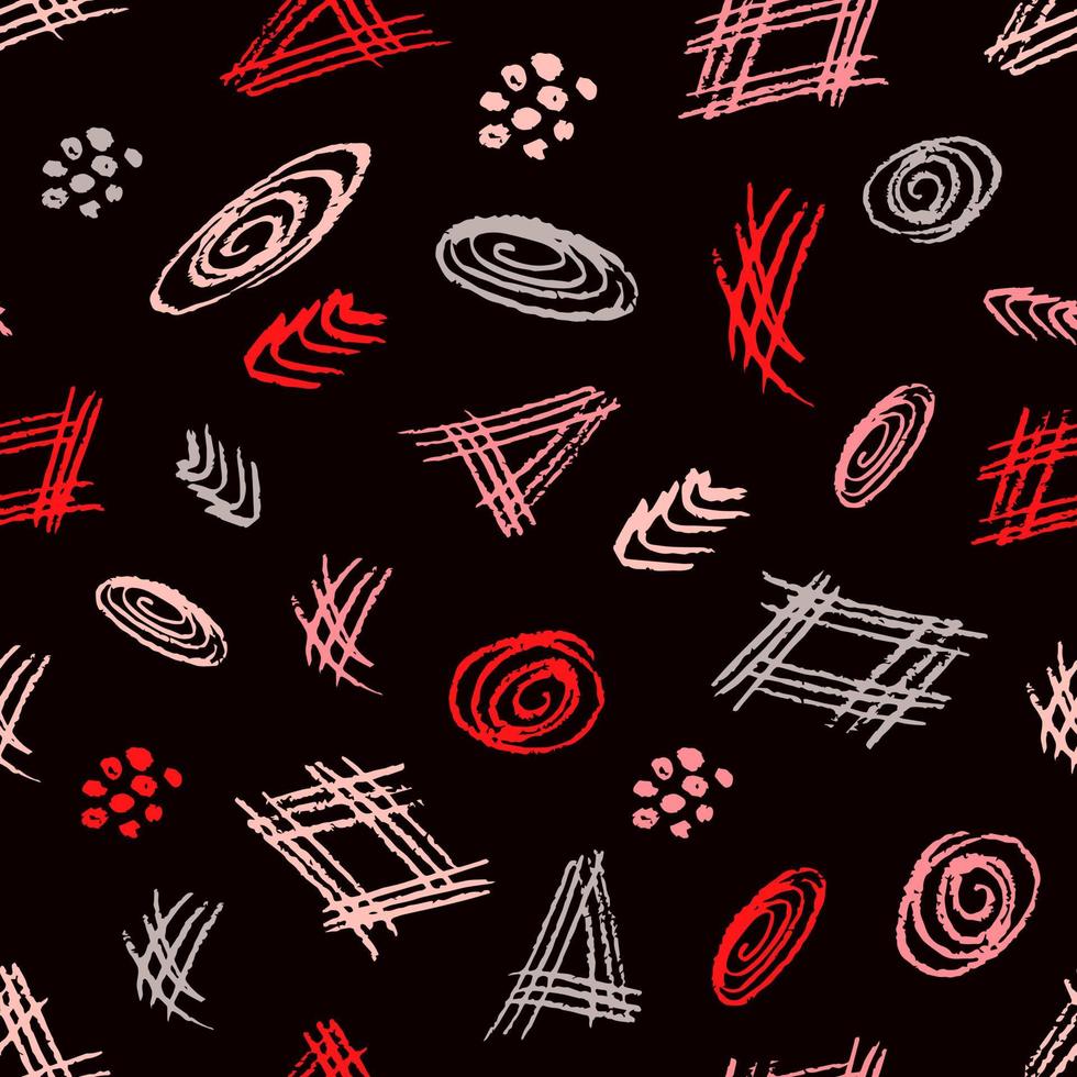 padrão sem emenda de vetor abstrato. traços vermelhos, rosa, cinza, formas, pontos, espirais em um fundo preto. para estampas de tecido, embalagens, produtos têxteis, decoração, vestuário.