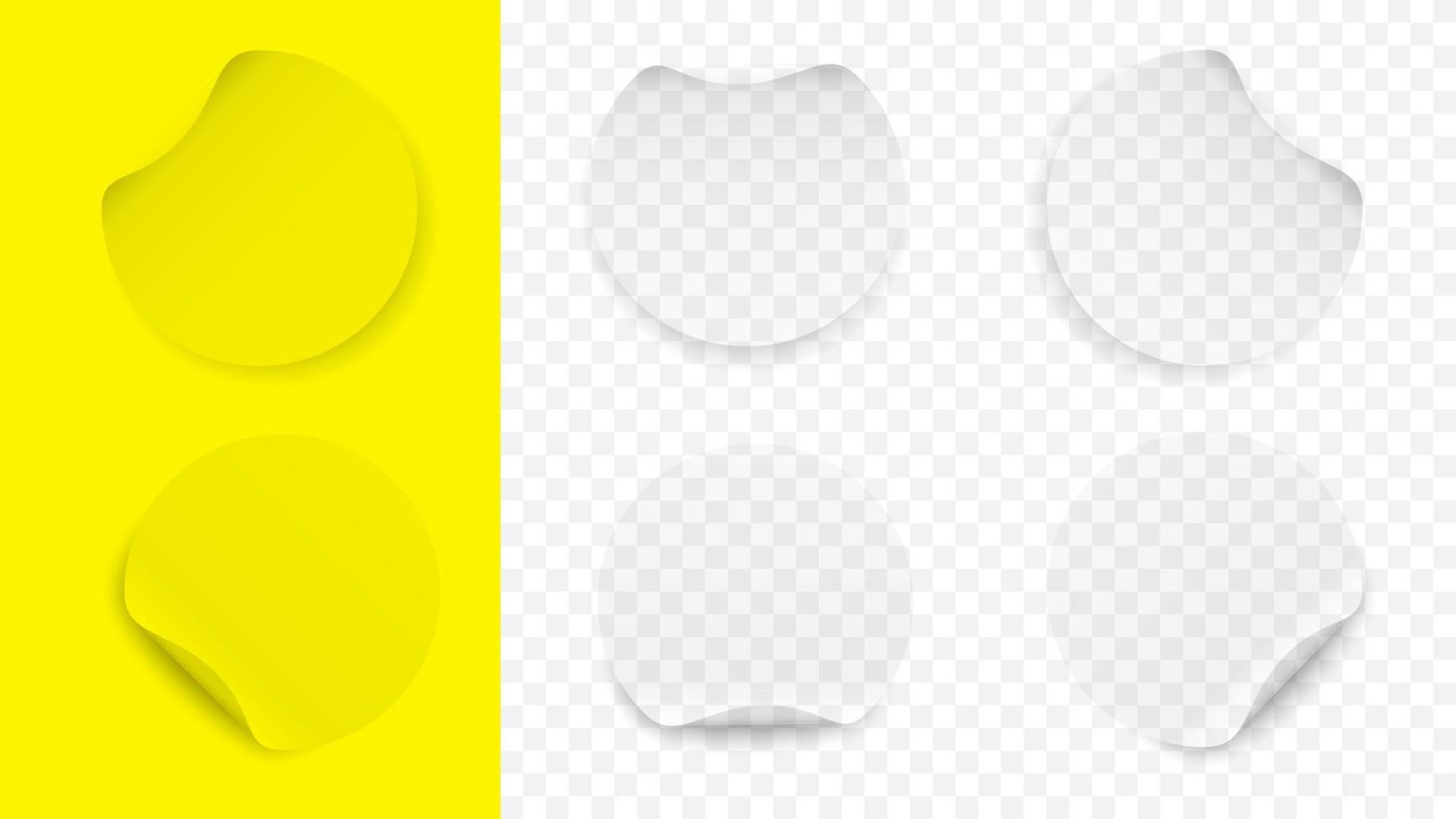 maquete de modelo de adesivos redondos enrolados. etiqueta amarela banners superfície branca para publicações e texto publicitário promoção de produtos da web e comunicação social vetorial vetor