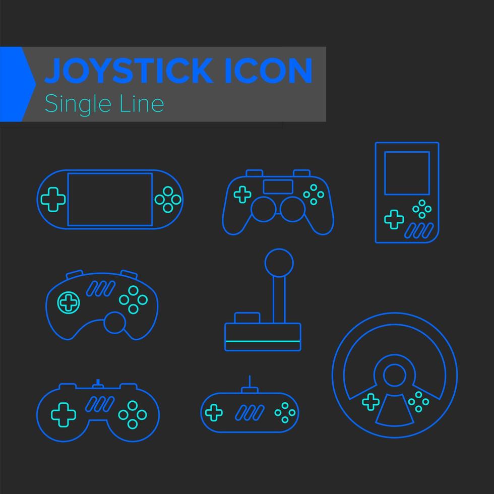 delinear ícones de várias formas de joystick para consoles de jogos. equipamentos de videogame, como joysticks, volante e controlador clássico. recursos gráficos de jogos digitais em conjunto de duas cores. vetor