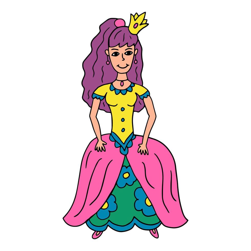 doodle princesa fada feliz isolada no fundo branco. lindo vestido histórico. jovem com coroa. vetor