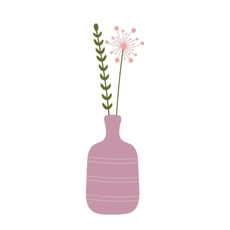 ilustração botânica floral desenhada à mão em estilo escandinavo. ilustração em vetor bonito de buquê em vaso de cerâmica.