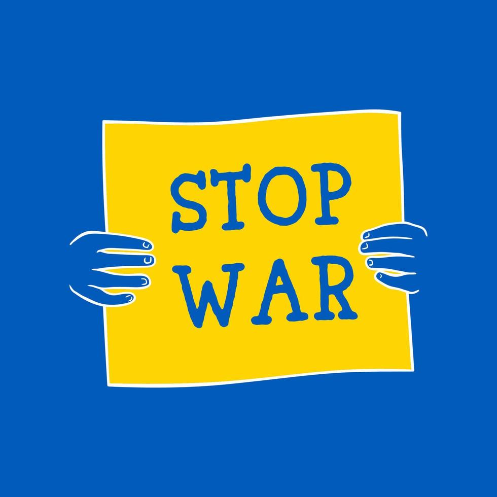 mãos segurando o sinal de papel de pare de guerra. sobre fundo azul e amarelo. ilustração vetorial vetor