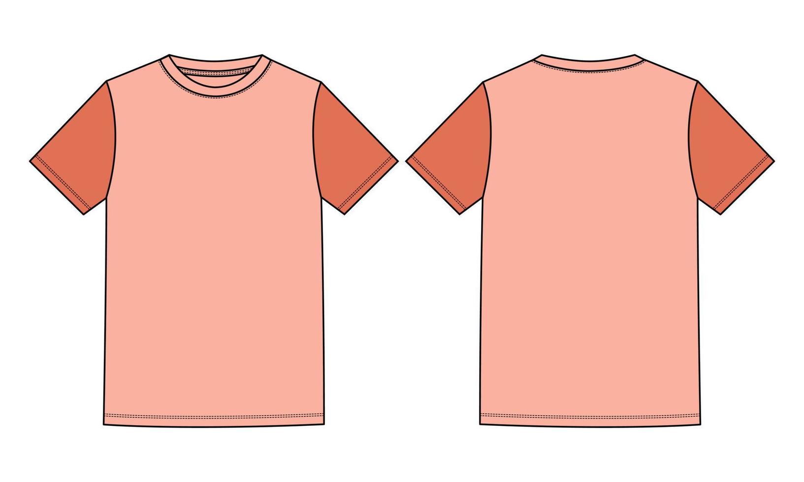 Modelo plano de moda de desenho técnico de t-shirt de manga curta de ajuste regular de dois tons com decote redondo frente e vista traseira branco, blackground. vetor