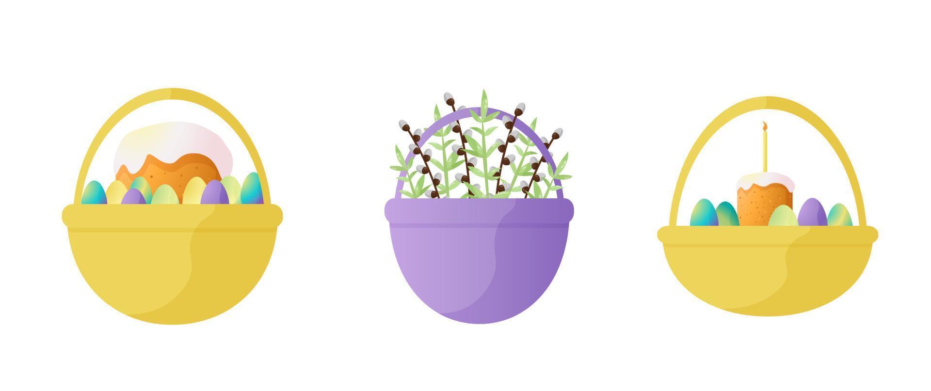 ilustração em vetor de uma cesta de páscoa com páscoa e ovos. decoração de primavera. conceito de celebração de páscoa feliz. estilo simples de desenho animado para logotipos, banners, cartazes, fundos, adesivos, impressão.