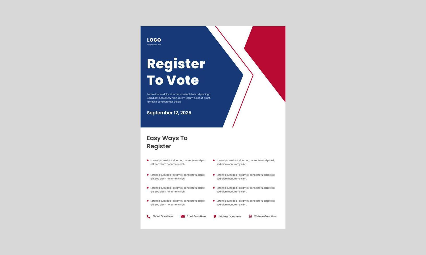 modelo de design de folheto de registro de eleitores. maneira fácil de se registrar para o cartaz de votação, design de folheto. registrar e votar modelo de design de folheto. vetor