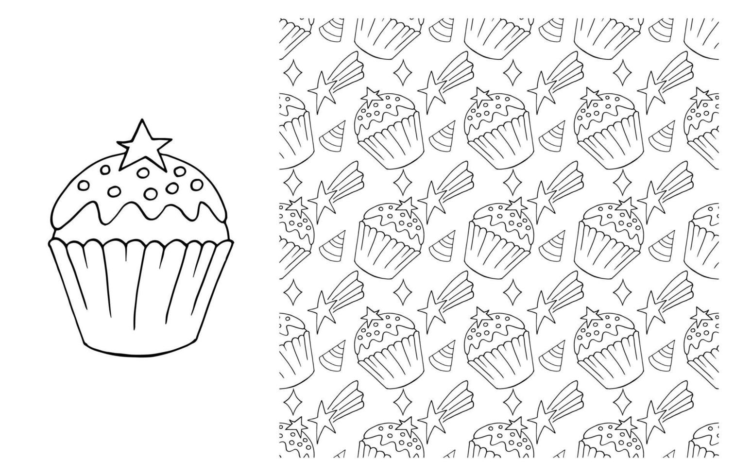 cupcake para colorir. conjunto de elemento e padrão perfeito vetor