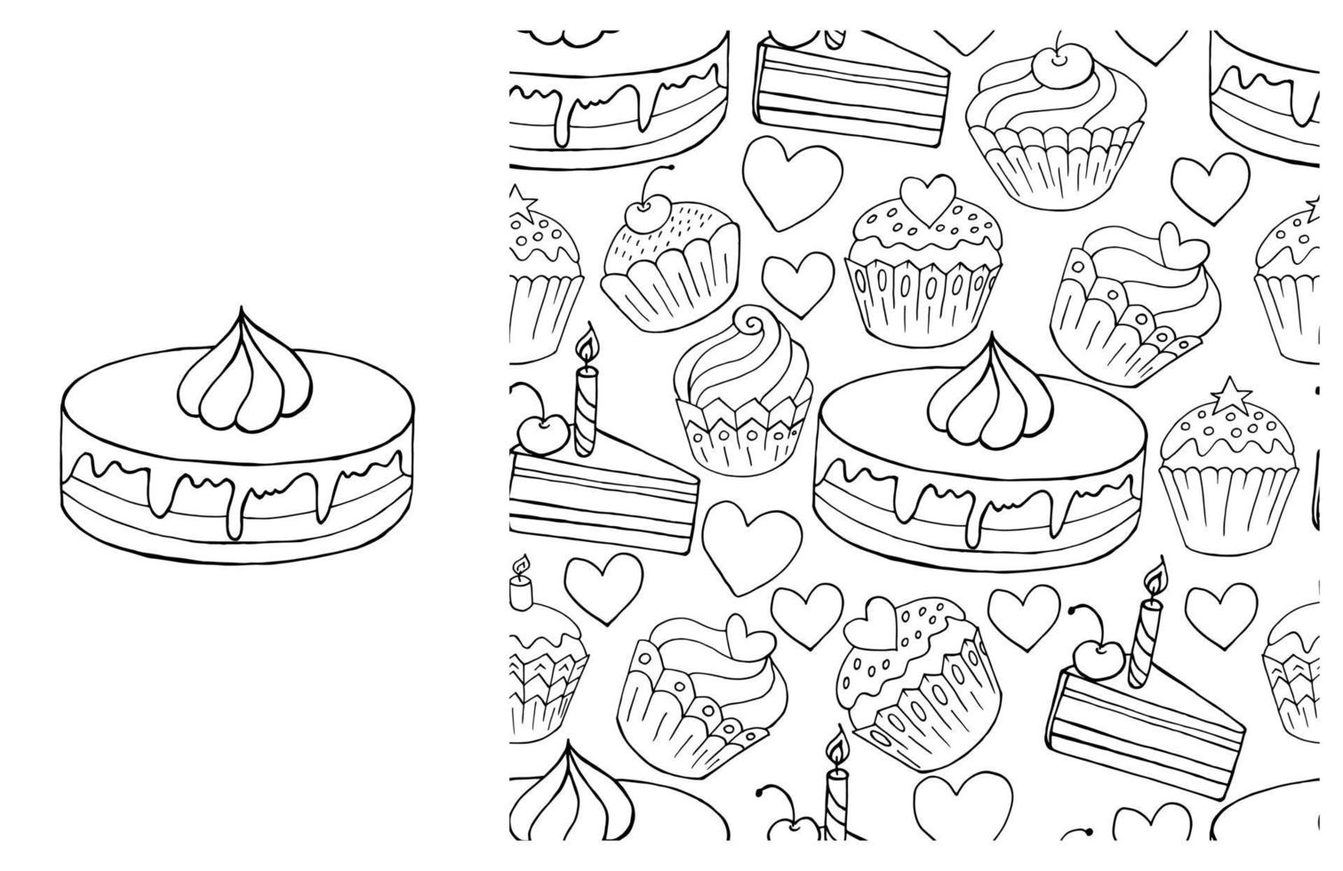 cupcake para colorir. conjunto de elemento e padrão perfeito vetor