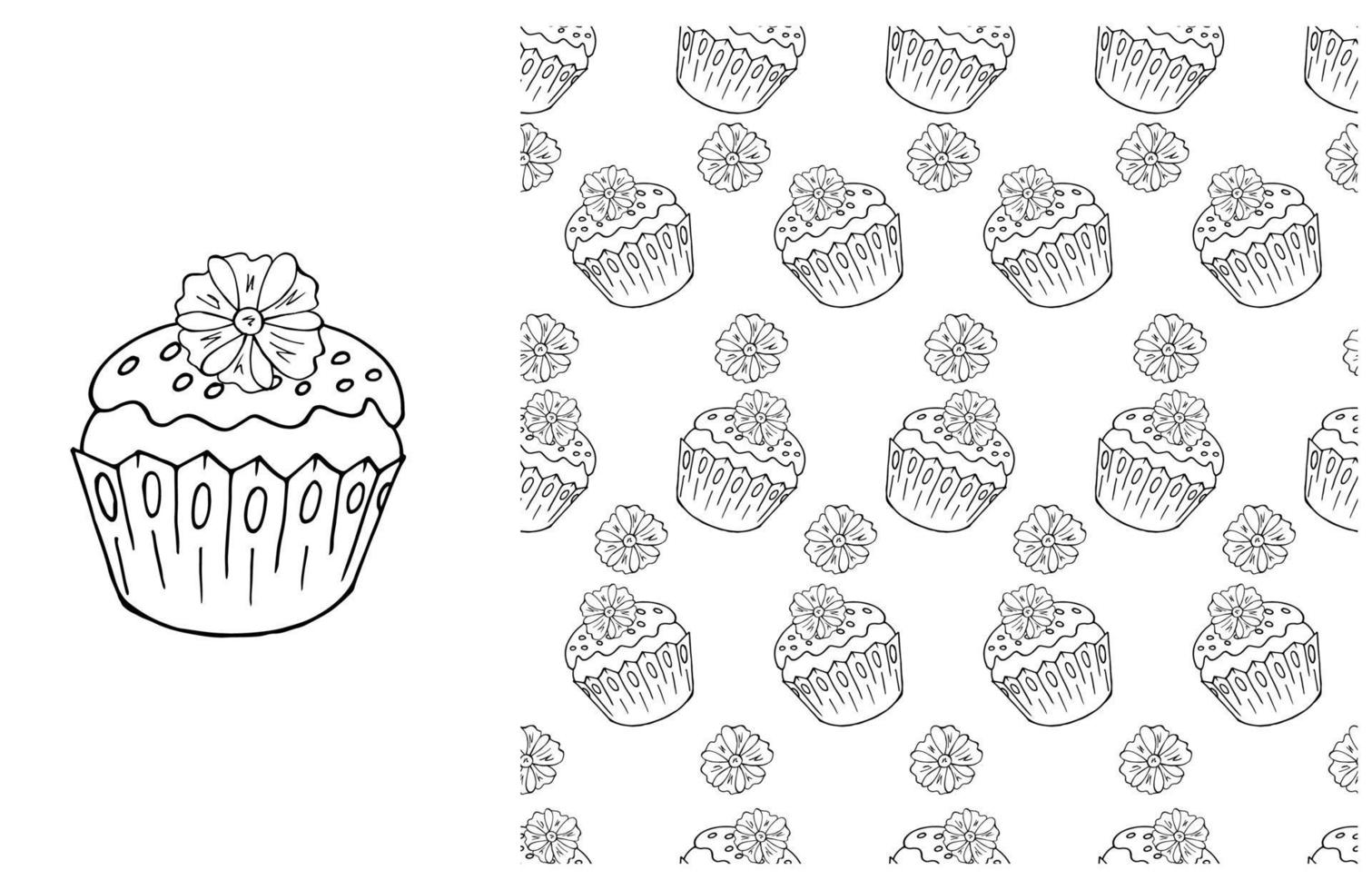 cupcake para colorir. conjunto de elemento e padrão perfeito vetor