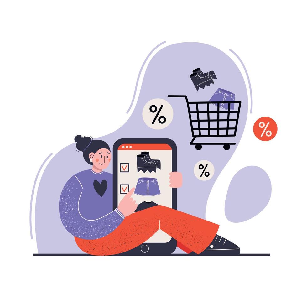 jovem comprando, encomendando roupas na loja da internet. conceito de compras online. aplicativo de compras para celular. ilustração vetorial plana. vetor