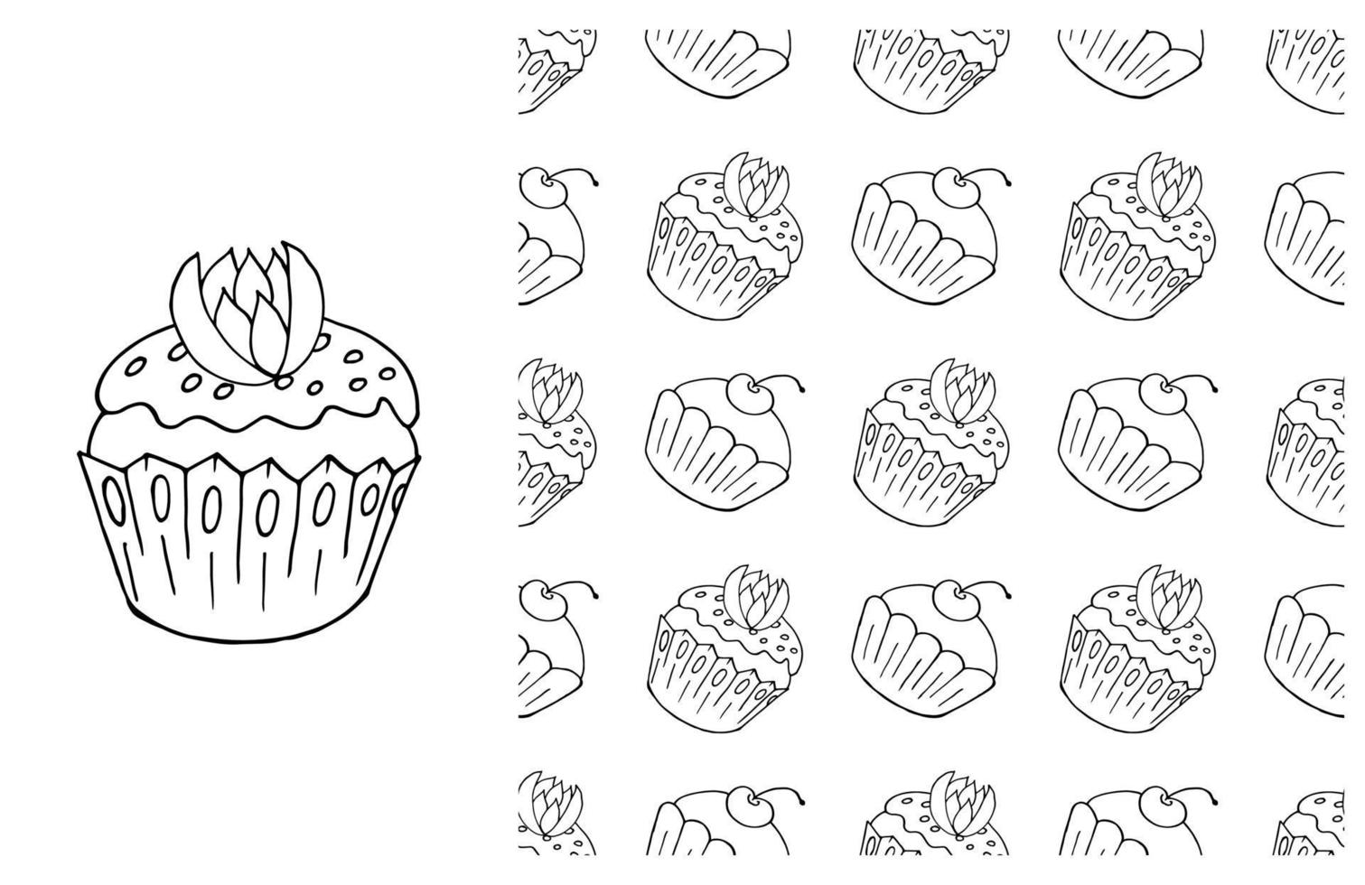 cupcake para colorir. conjunto de elemento e padrão perfeito vetor