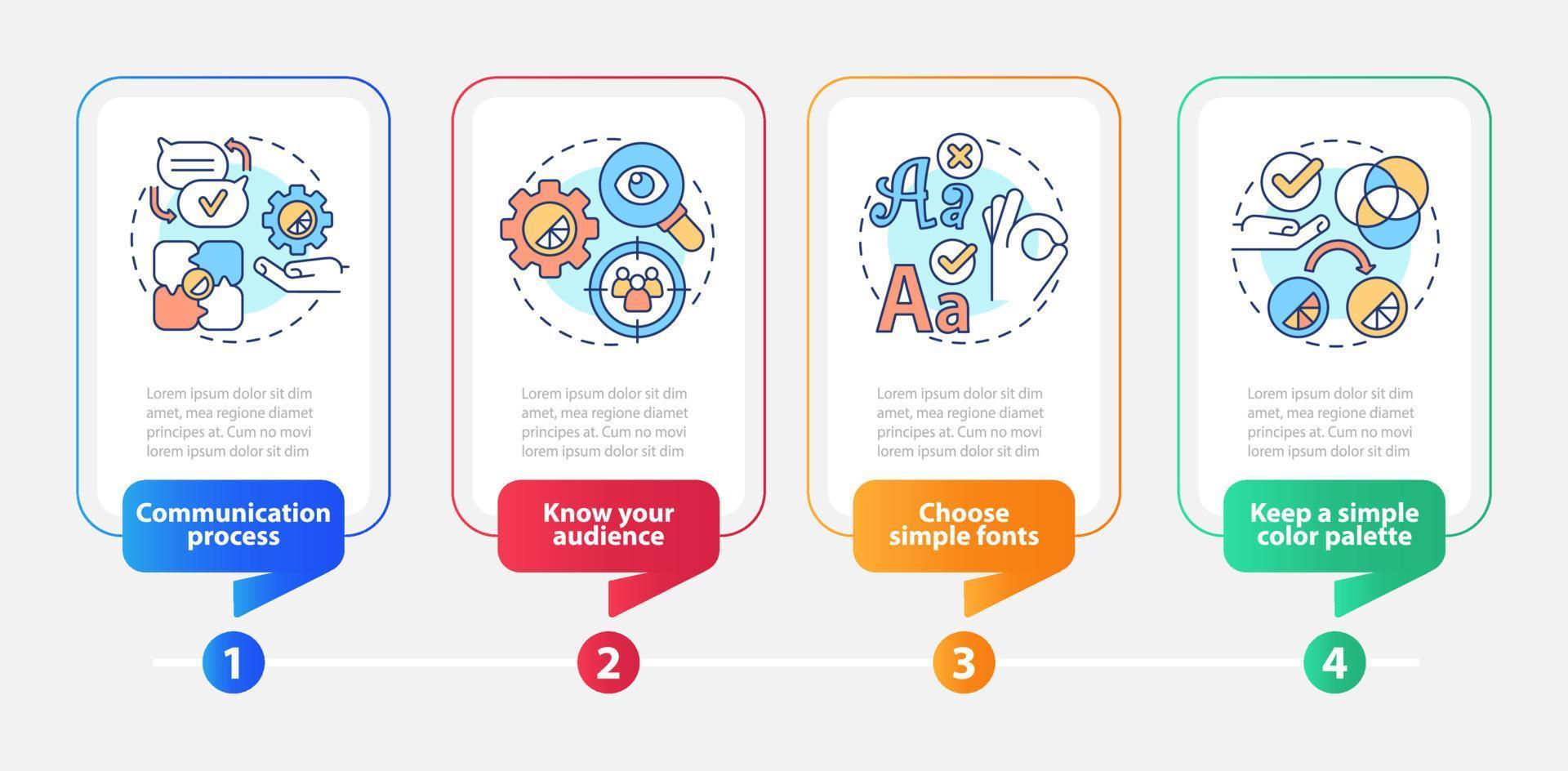 modelo de infográfico de retângulo de regras de design gráfico. conteúdo visual. visualização de dados com 4 etapas. gráfico de informações da linha do tempo do processo. layout de fluxo de trabalho com ícones de linha. uma miríade de fontes regulares pró-negrito usadas vetor