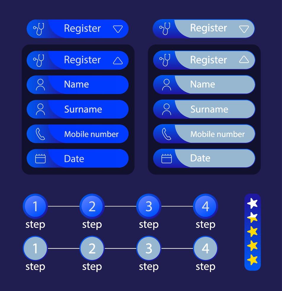 prepare-se para o kit de elementos de interface do usuário de visita médica on-line. componentes vetoriais isolados. menus de navegação plana e modelo de botões de interface. coleção de widgets de web design para tema escuro de aplicativo móvel vetor