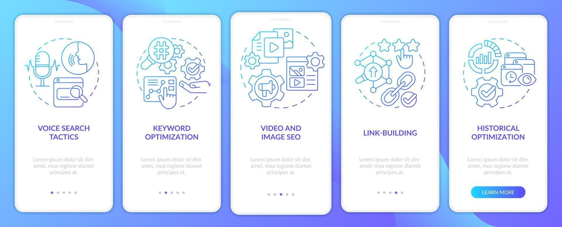 tendências de marketing seo tela de aplicativo móvel de integração de gradiente azul. ferramentas passo a passo 5 passos páginas de instruções gráficas com conceitos lineares. ui, ux, modelo de gui. uma miríade de fontes regulares pró-negrito usadas vetor