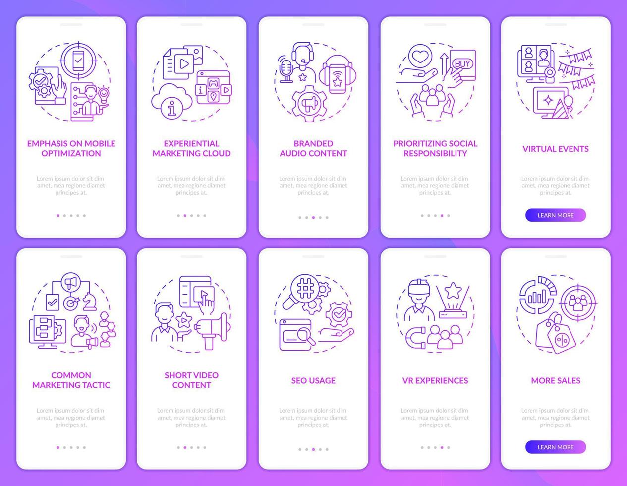 tendências de marketing gradiente roxo onboarding conjunto de tela de aplicativo móvel. anúncios passo a passo páginas de instruções gráficas de 5 passos com conceitos lineares. ui, ux, modelo de gui. uma miríade de fontes regulares pró-negrito usadas vetor