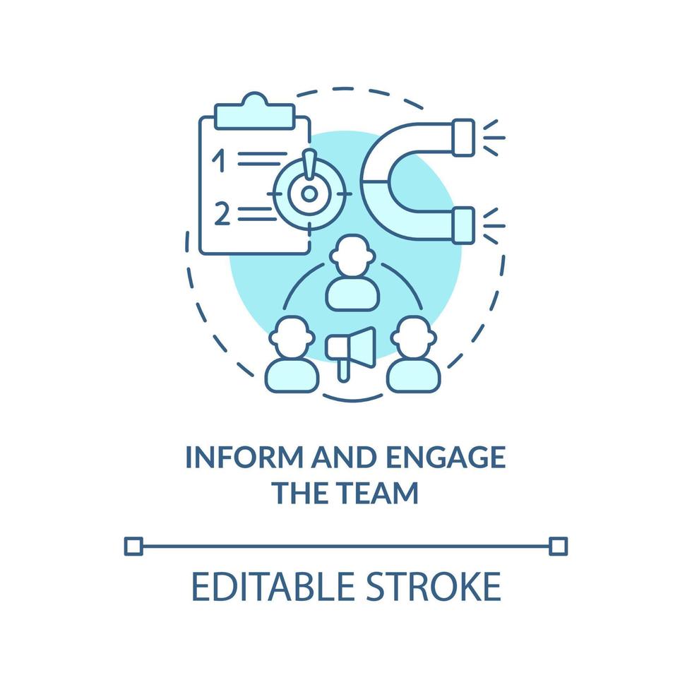 informar e envolver o ícone do conceito turquesa da equipe. ferramenta de comunicação. mude para a ilustração de linha fina de idéia abstrata de ucaas. desenho de contorno isolado. traço editável. arial, uma miríade de fontes pró-negrito usadas vetor