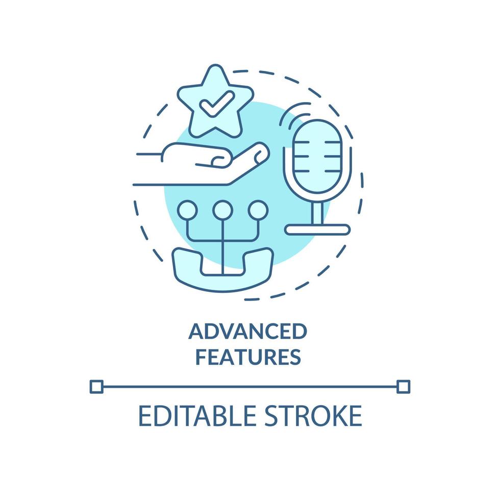 ícone de conceito turquesa de recursos avançados. possibilidades técnicas. voip beneficia ilustração de linha fina idéia abstrata. desenho de contorno isolado. traço editável. arial, uma miríade de fontes pró-negrito usadas vetor