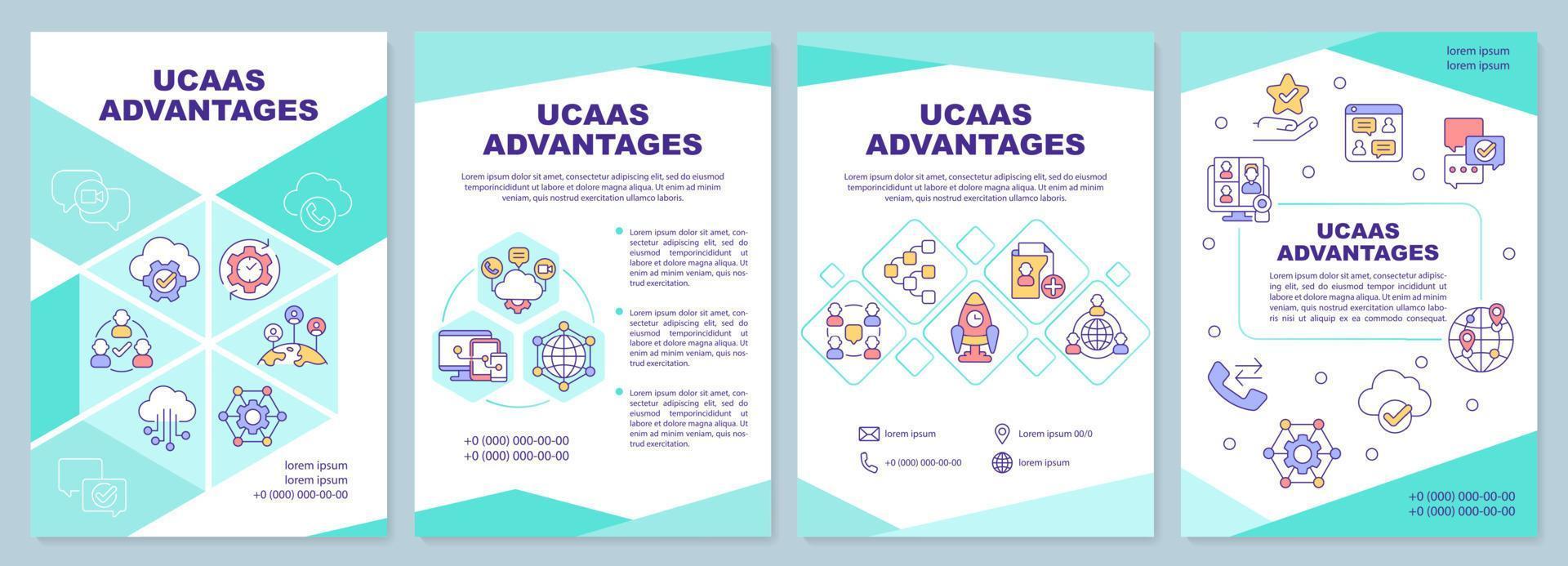 modelo de brochura verde menta vantagens ucaas. benefícios dos usuários. design de folheto com ícones lineares. 4 layouts vetoriais para apresentação, relatórios anuais. arial-black, inúmeras fontes pró-regulares usadas vetor