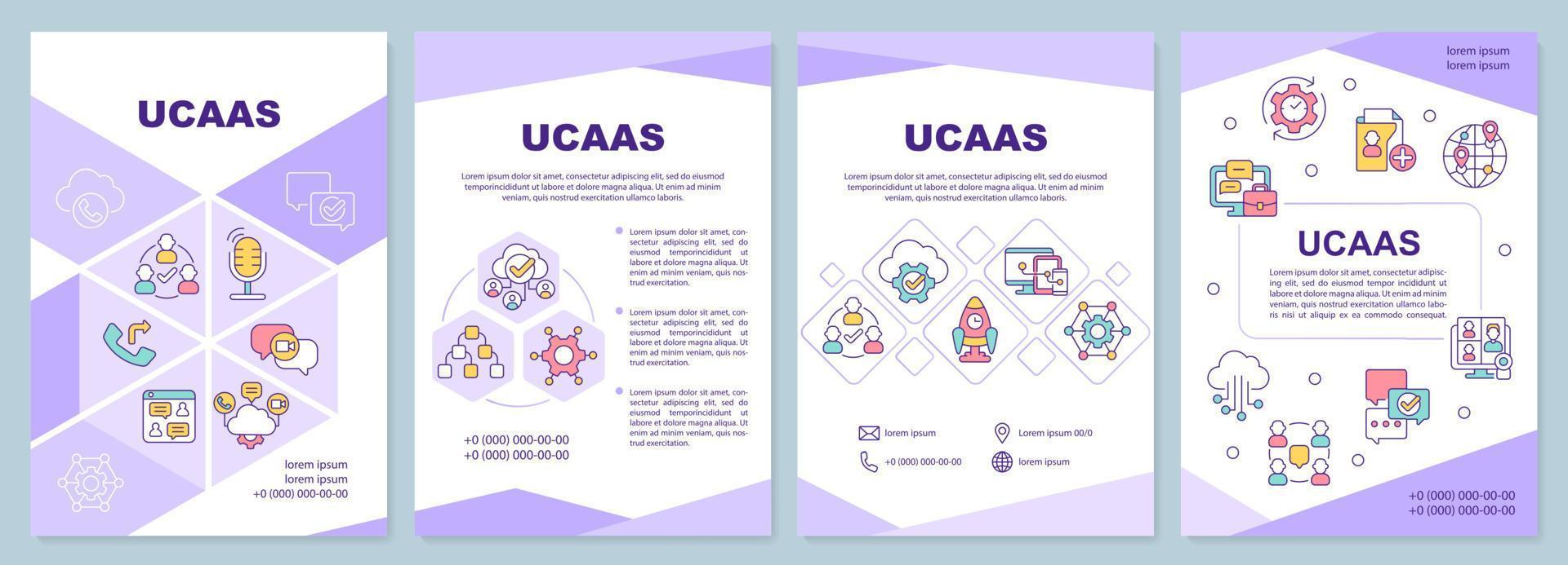 modelo de folheto roxo do ucas. Comunicações unificadas. design de folheto com ícones lineares. 4 layouts vetoriais para apresentação, relatórios anuais. arial-black, inúmeras fontes pró-regulares usadas vetor