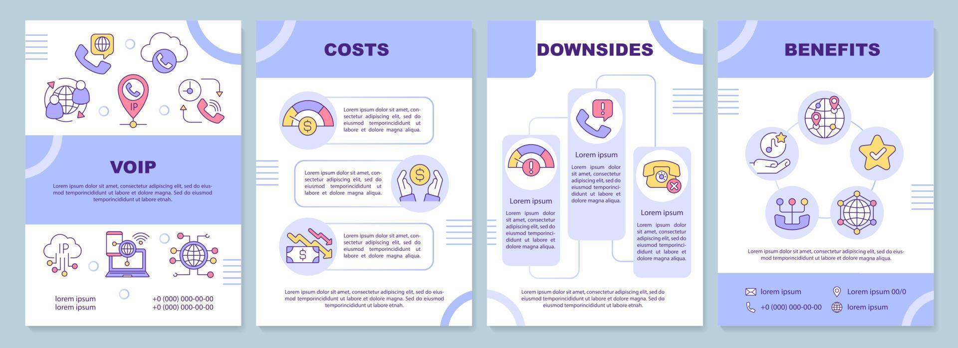 modelo de folheto azul voip. serviço de telefonia via internet. design de folheto com ícones lineares. 4 layouts vetoriais para apresentação, relatórios anuais. arial-black, inúmeras fontes pró-regulares usadas vetor