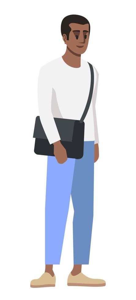 ilustração em vetor cor rgb semi plana de estudante universitário do primeiro ano. jovem elegante com personagem de desenho isolado de saco crossbody em fundo branco