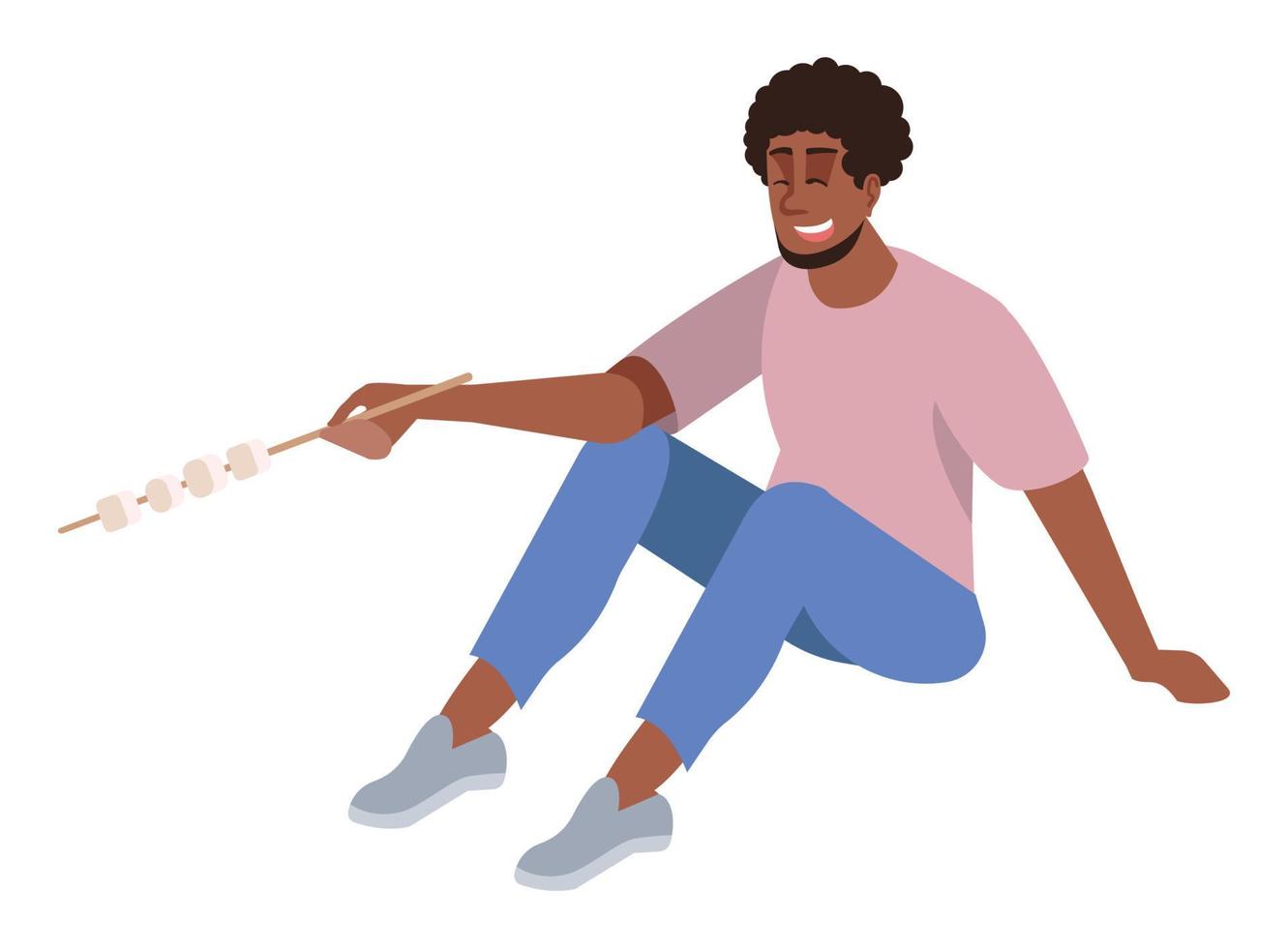 assar marshmallow na vara semi plana rgb cor ilustração vetorial. homem feliz isolado personagem de desenho animado no fundo branco vetor