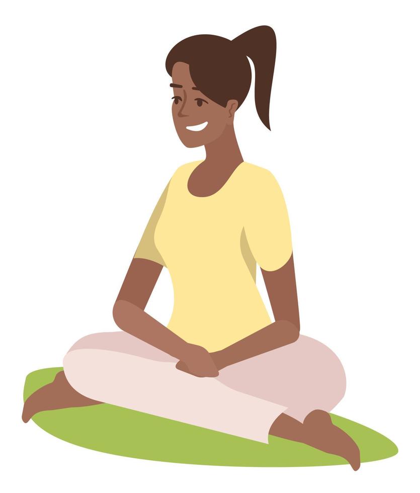 ilustração em vetor de cor rgb semi plana de meditação. jovem praticando ioga ao ar livre personagem de desenho animado isolado em fundo branco