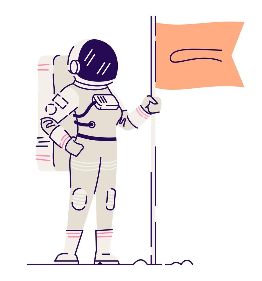viajar para o espaço ilustração vetorial de cor rgb semi plana. cosmonauta feminina segurando o personagem de desenho animado isolado da bandeira no fundo branco vetor
