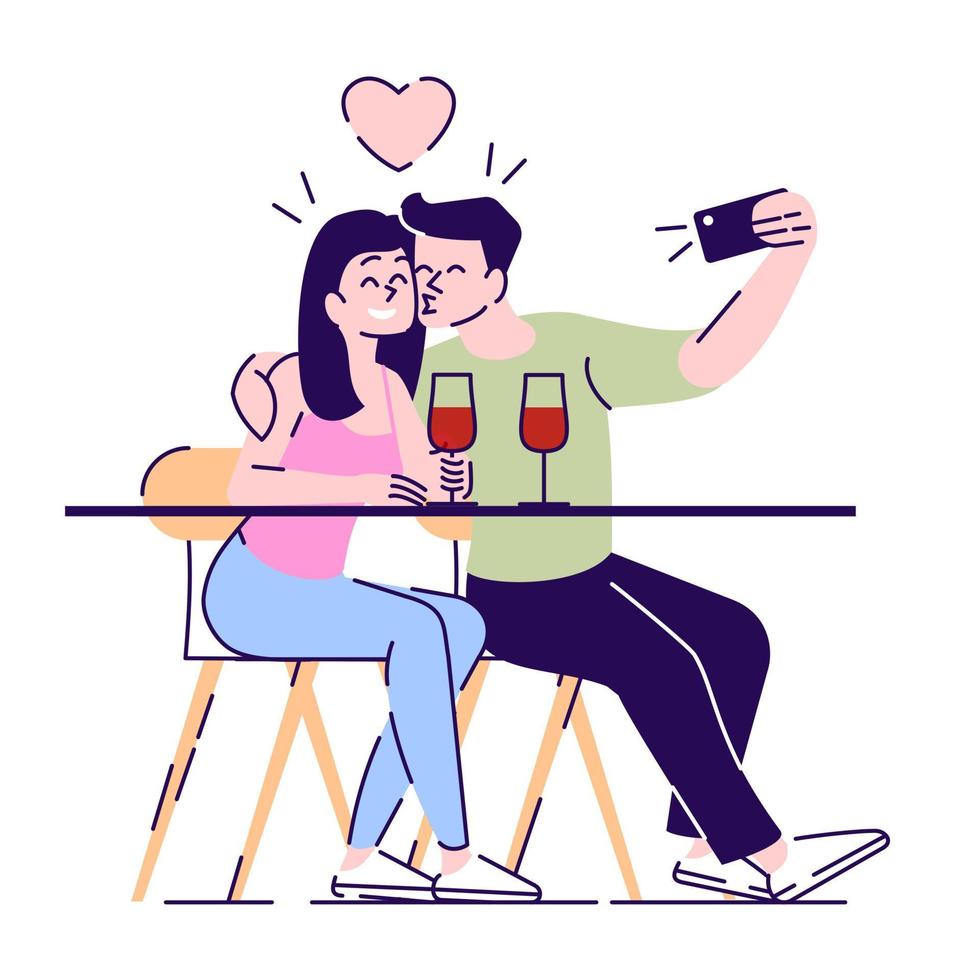 tour de vinhos para recém-casados ilustração vetorial de cor rgb semi plana. casal sorridente no encontro posando para personagens de desenhos animados isolados da câmera no fundo branco vetor