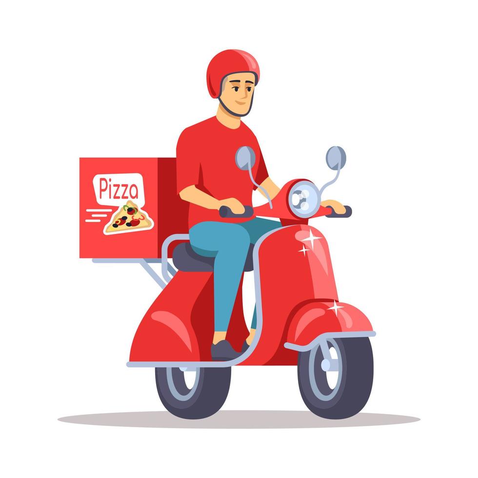 comida do restaurante local semi plana rgb ilustração vetorial de cor. entregador de pizza sentado no personagem de desenho animado isolado da motocicleta no fundo branco vetor