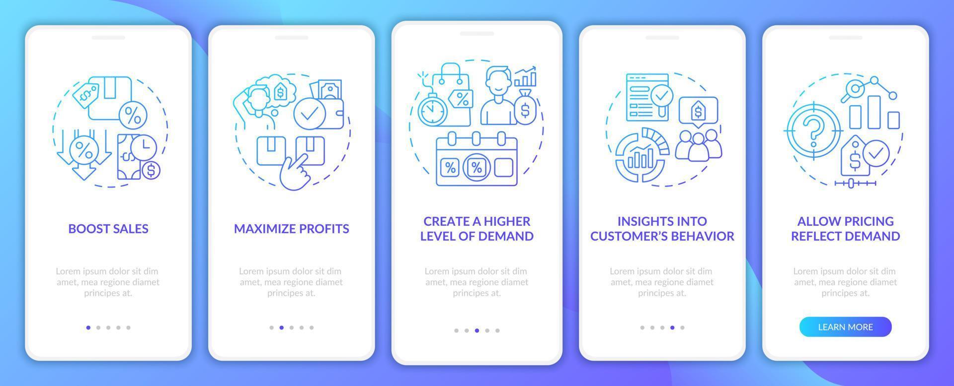 tela de aplicativo móvel de integração de gradiente azul para profissionais de preços dinâmicos. passo a passo 5 passos páginas de instruções gráficas com conceitos lineares. ui, ux, modelo de gui. uma miríade de fontes regulares pró-negrito usadas vetor