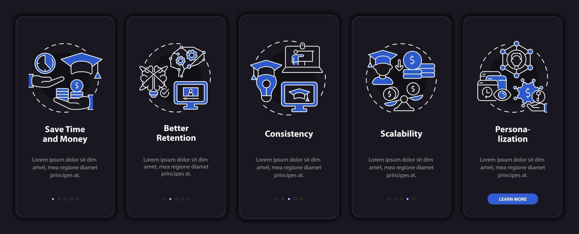 vantagens da tela do aplicativo móvel de integração do modo noturno de e-learning. passo a passo 5 passos páginas de instruções gráficas com conceitos lineares. ui, ux, modelo de gui. uma miríade de fontes regulares pró-negrito usadas vetor