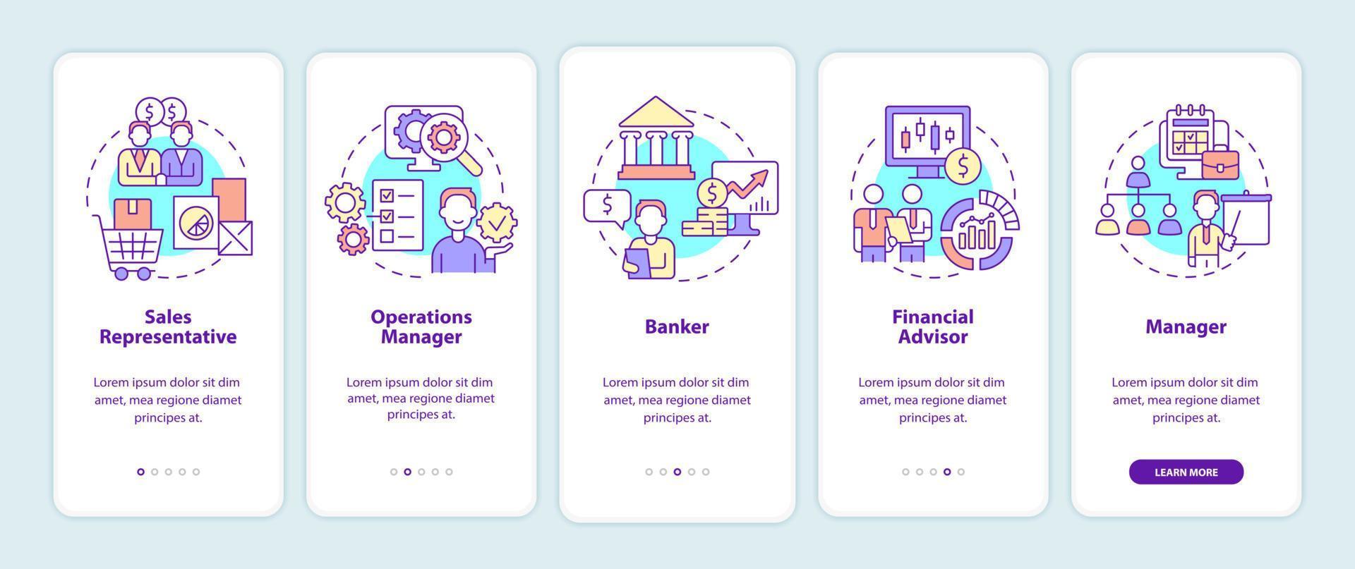 carreiras de gerenciamento de negócios integrando a tela do aplicativo móvel. passo a passo 5 passos páginas de instruções gráficas com conceitos lineares. ui, ux, modelo de gui. uma miríade de fontes regulares pró-negrito usadas vetor