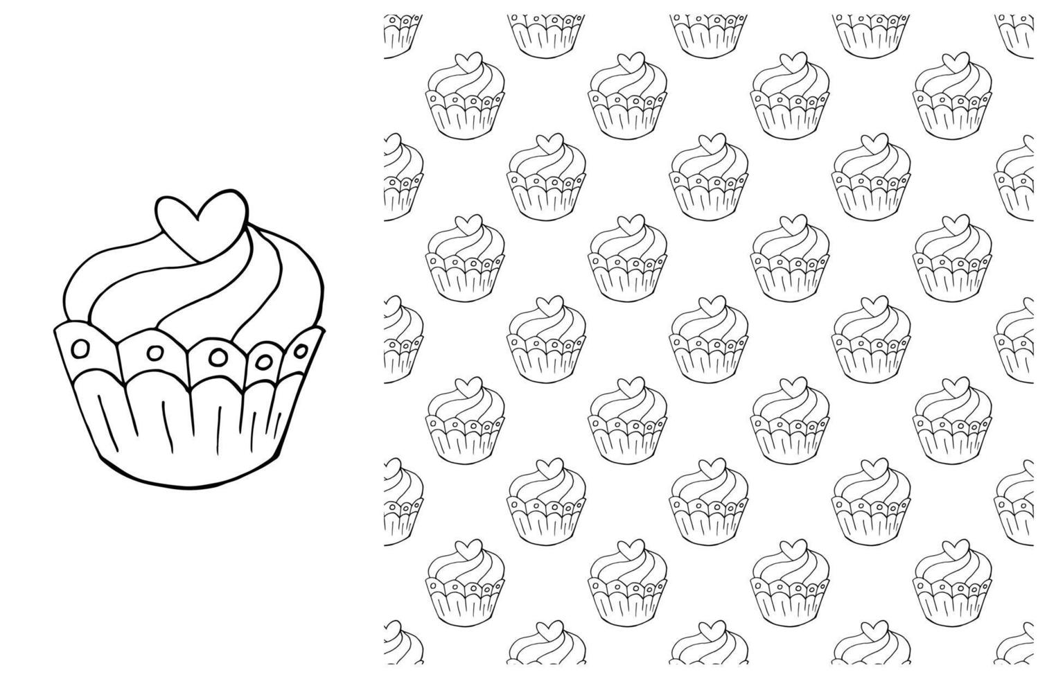 cupcake para colorir. conjunto de elemento e padrão perfeito vetor