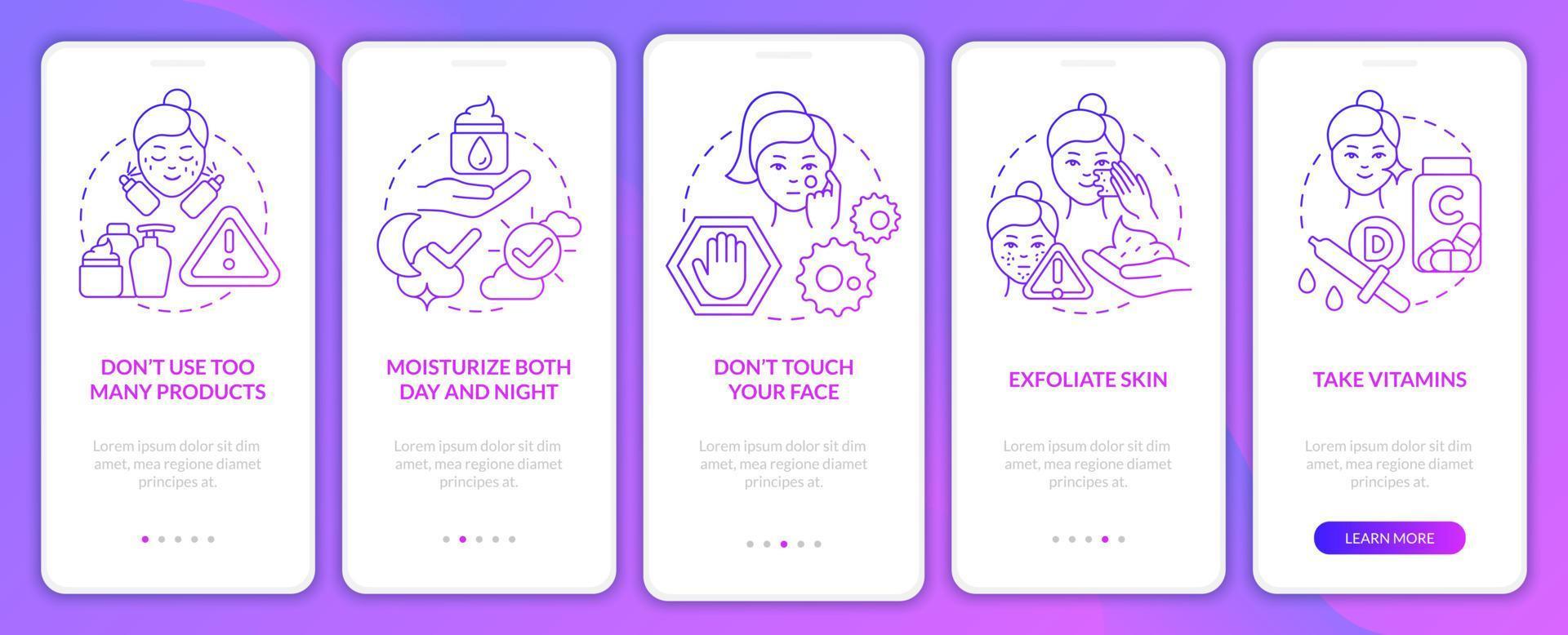 dicas de cuidados com a pele tela de aplicativo móvel de integração de gradiente roxo. passo a passo de tratamento 5 passos páginas de instruções gráficas com conceitos lineares. ui, ux, modelo de gui. uma miríade de fontes regulares pró-negrito usadas vetor