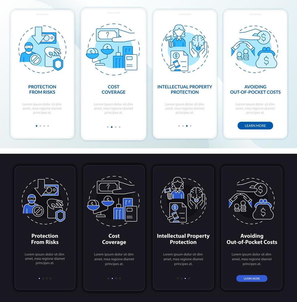 importância do seguro tema dia e noite integrando a tela do aplicativo móvel. passo a passo 4 passos páginas de instruções gráficas com conceitos lineares. ui, ux, modelo de gui. uma miríade de fontes regulares pró-negrito usadas vetor