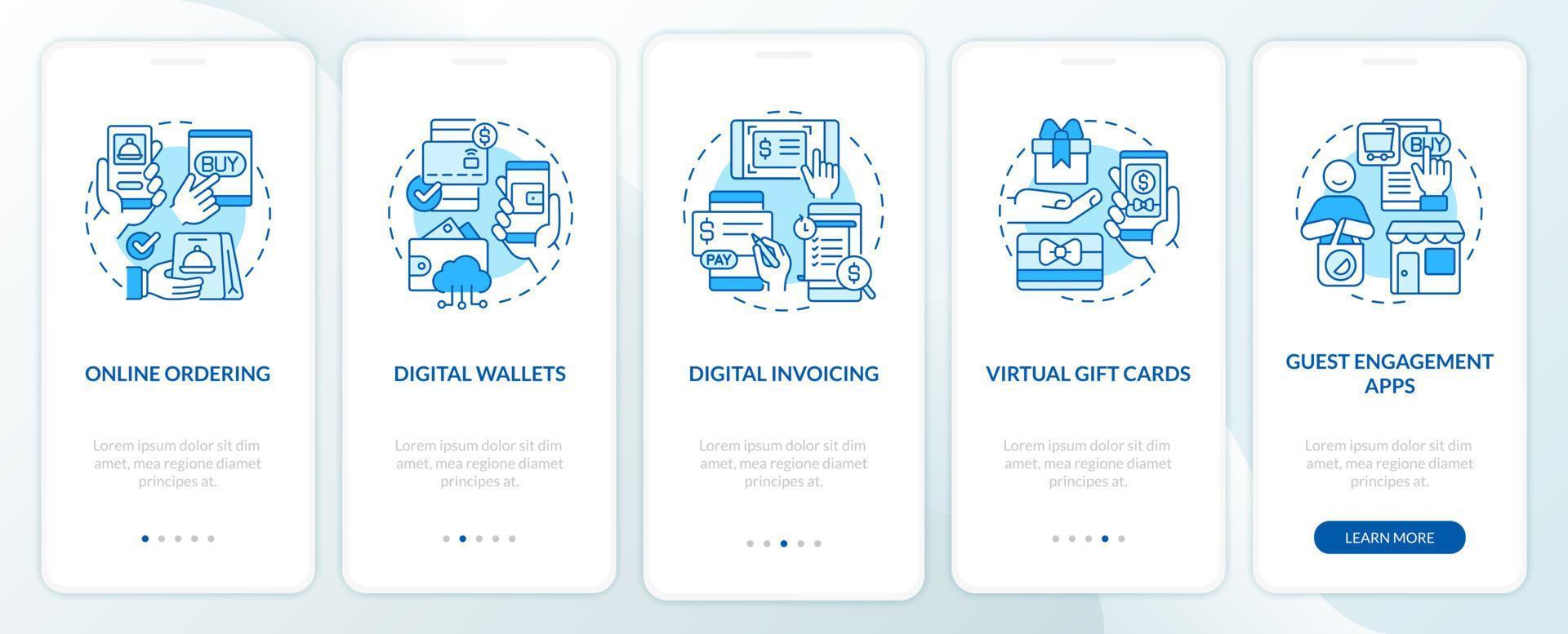 exemplos de soluções sem contato tela azul do aplicativo móvel de integração. passo a passo de serviço 5 passos páginas de instruções gráficas com conceitos lineares. ui, ux, modelo de gui. inúmeras fontes pró-negrito e regulares usadas vetor