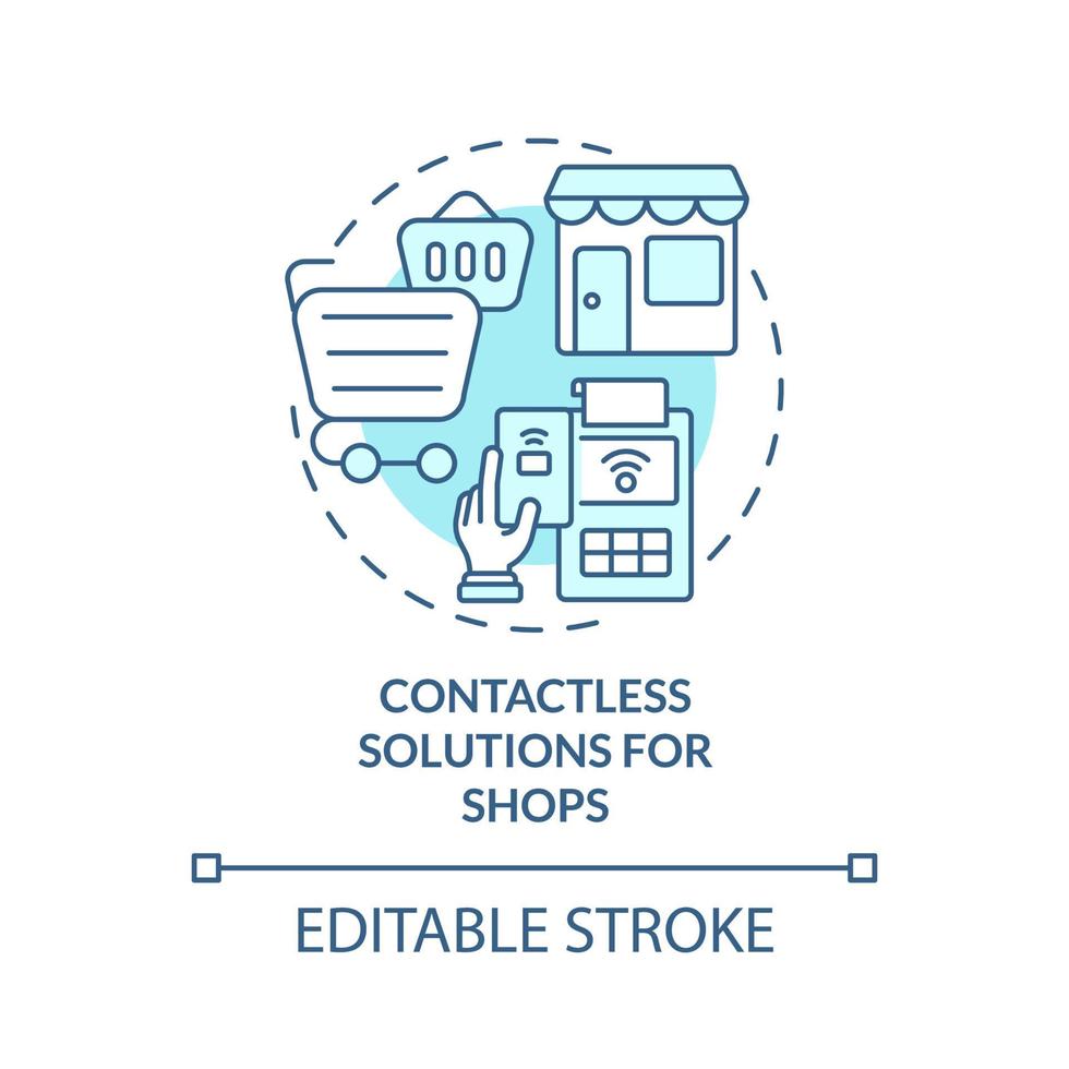 soluções sem contato para ícone de conceito turquesa de lojas. ilustração de linha fina de idéia abstrata de sistema sem toque. desenho de contorno isolado. traço editável. roboto-medium, inúmeras fontes pró-negrito usadas vetor
