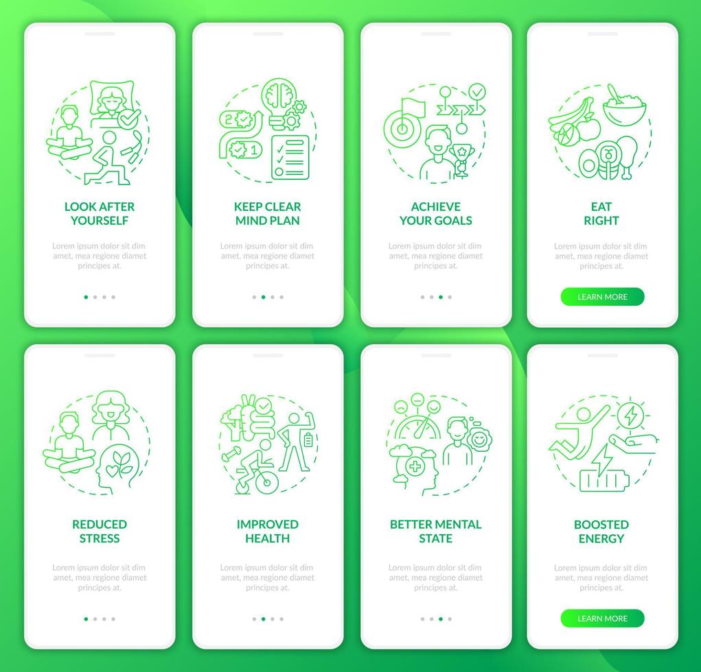 conjunto de tela de aplicativo móvel de integração de gradiente verde de equilíbrio de vida. autocuidado passo a passo 4 etapas páginas de instruções gráficas com conceitos lineares. ui, ux, modelo de gui. inúmeras fontes pró-negrito e regulares usadas vetor