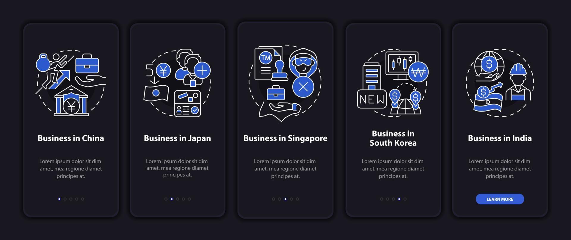 países para negócios que executam a tela do aplicativo móvel no modo noturno. passo a passo 5 passos páginas de instruções gráficas com conceitos lineares. ui, ux, modelo de gui. inúmeras fontes pró-negrito e regulares usadas vetor