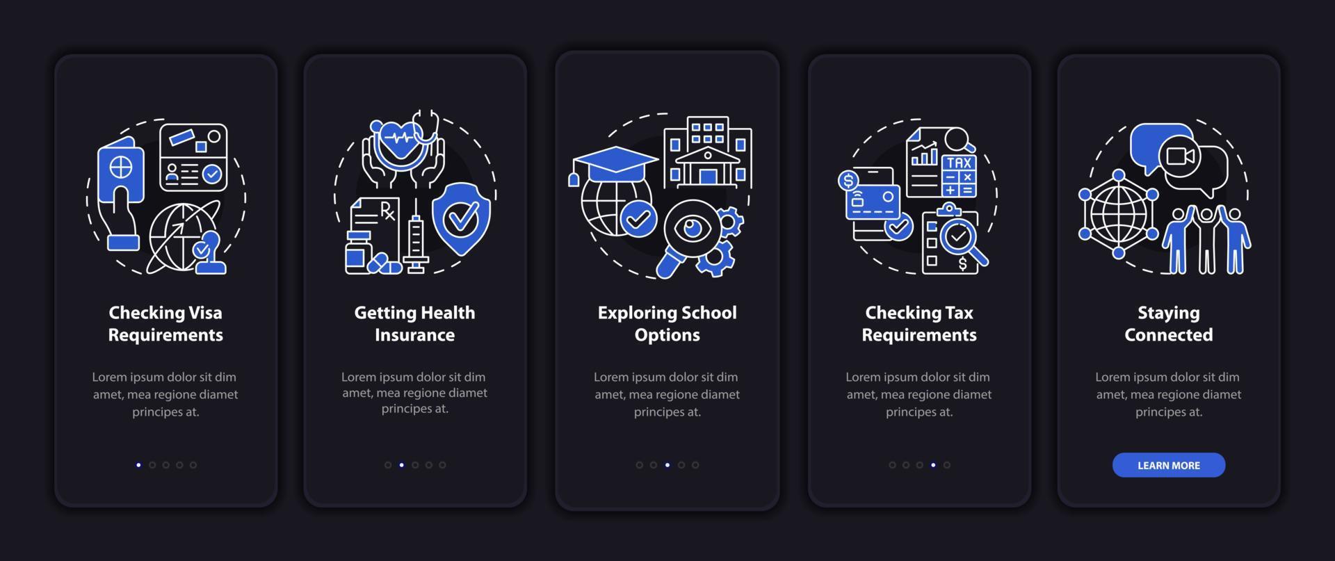 coisas a considerar ao mover a tela da página do aplicativo móvel de integração escura. passo a passo 5 passos instruções gráficas com conceitos. modelo de vetor ui, ux, gui com ilustrações de modo noturno linear